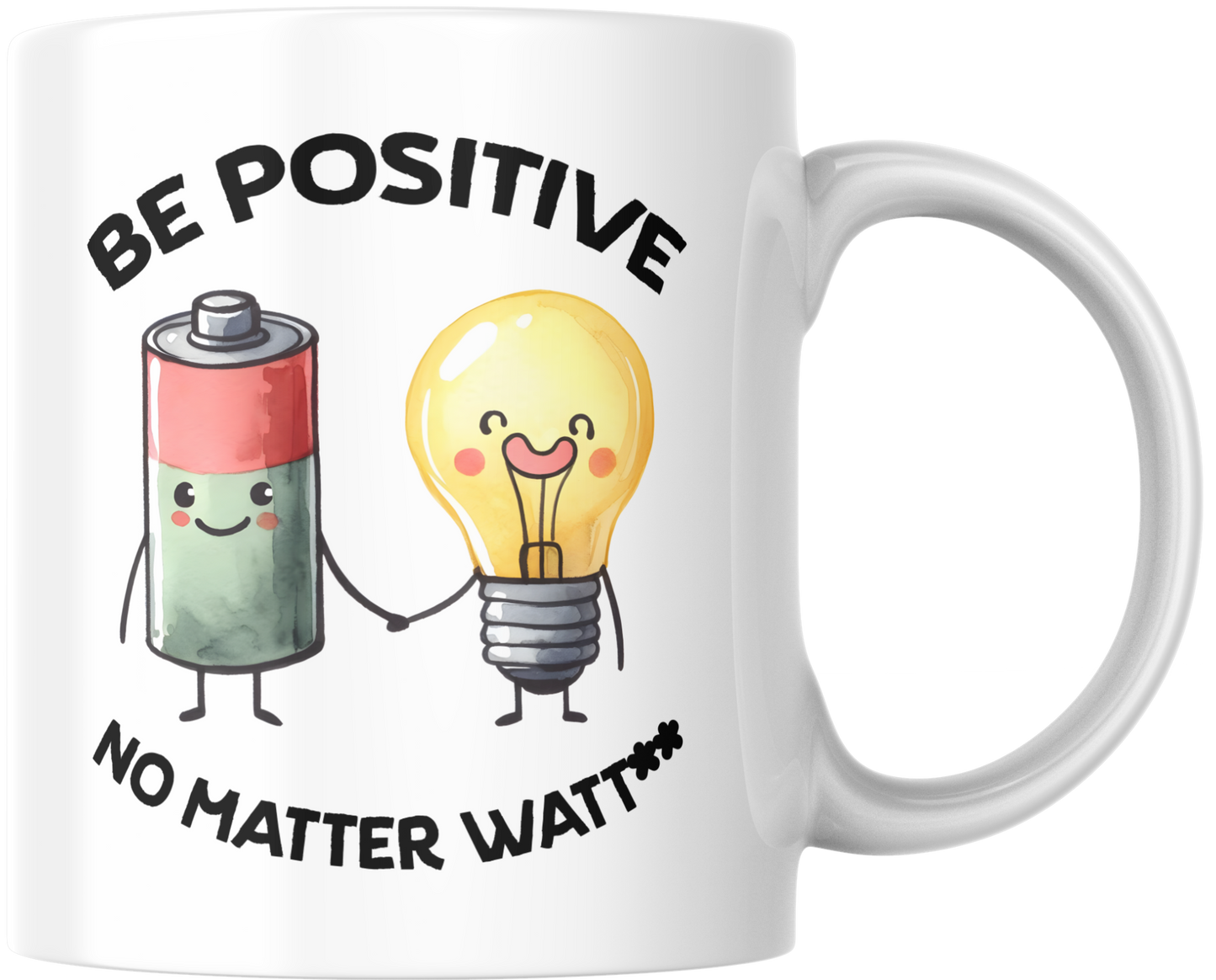 “Be Positive — No Matter Watt” – Woordgrap-mok met batterij & lamp