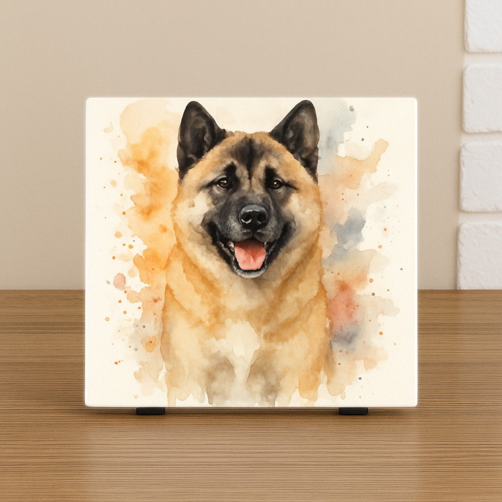 Keramische tegel met aquarel portret van een Akita hond. Wenstegeltje, Spreuktegel, bedrukt, cadeau, kantoor, thuis, zomaar, trendy, gepersonaliseerd, Decoratie, Hondenportret