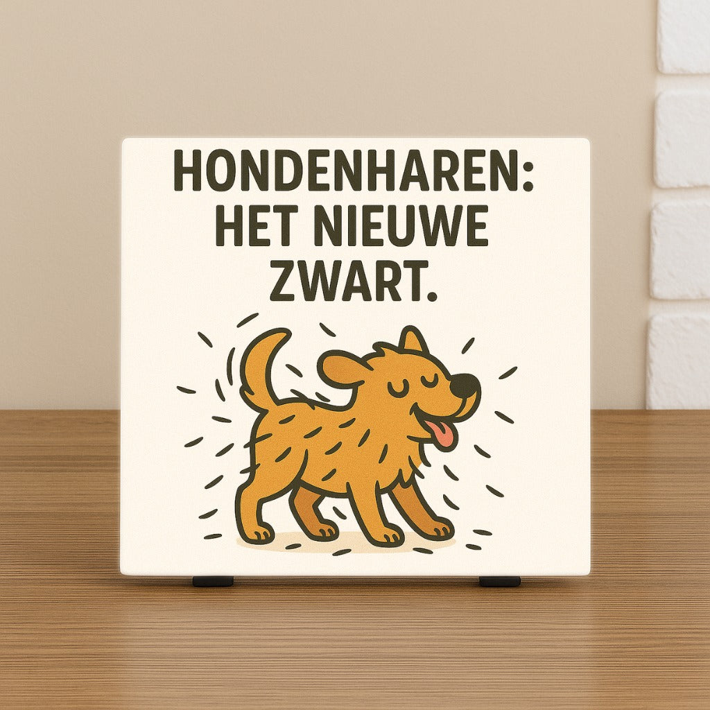 Keramische tegel met illustratie van een hond en de tekst 'Hondenharen: het nieuwe zwart'. Wenstegeltje, Spreuktegel, bedrukt, cadeau, kantoor, thuis, zomaar, trendy, gepersonaliseerd, Decoratie