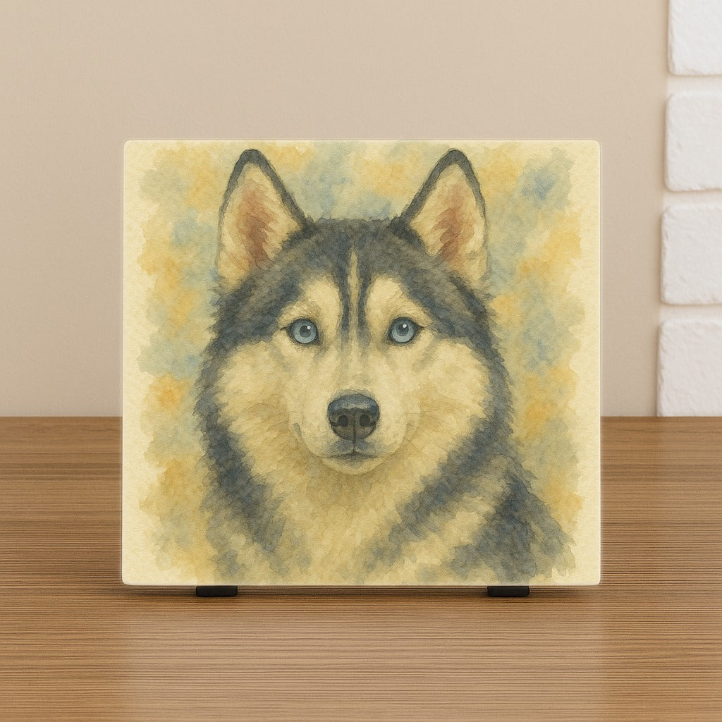 Keramische tegel met aquarel portret van een Husky met blauwe ogen. Wenstegeltje, Spreuktegel, bedrukt, cadeau, kantoor, thuis, zomaar, trendy, gepersonaliseerd, Decoratie, Hondenportret