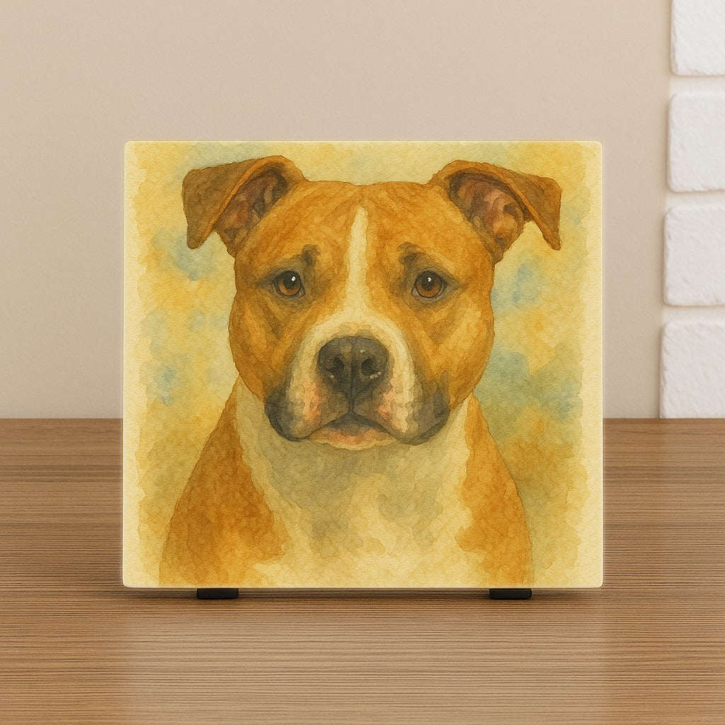 Keramische tegel met aquarel portret van een Staffordshire Terriër hond. Wenstegeltje, Spreuktegel, bedrukt, cadeau, kantoor, thuis, zomaar, trendy, gepersonaliseerd, Decoratie, Hondenportret