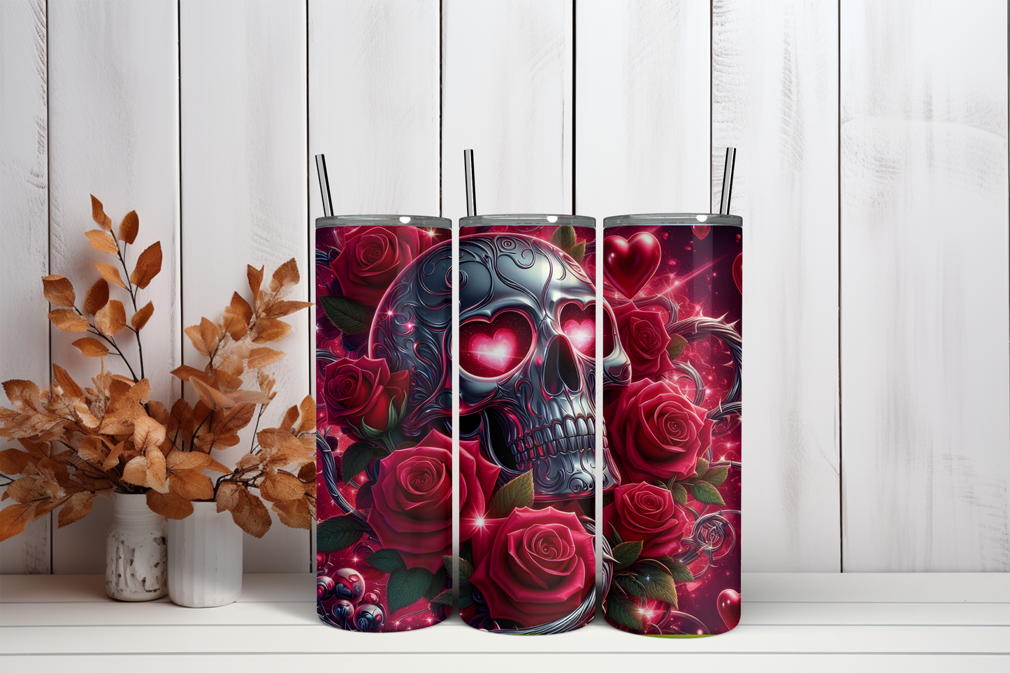 Tumbler Schedel met rode rozen
