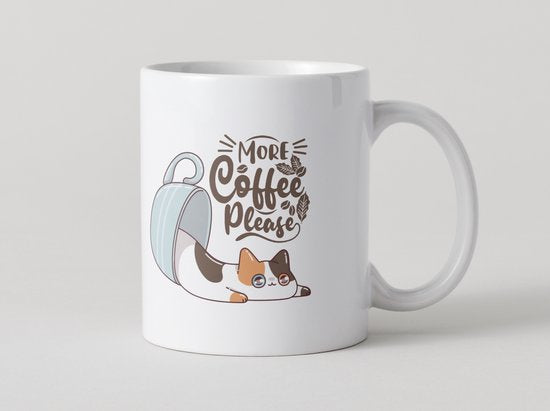 Koffiemok Kat – More Coffee Please – Keramische Mok 330ml – Leuke Katten Mok – Cadeau voor Koffieliefhebbers