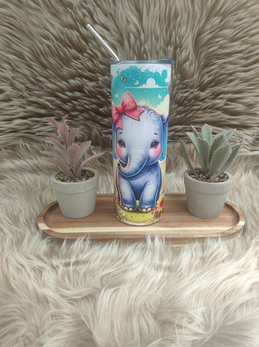 🐘 Tumbler met Anti-lekdop – Schattige Baby Olifant met Vlinders en Bloemen