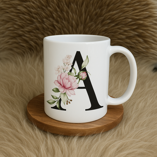 Mok met Initiaal en Bloemen – Elegant Cadeau met Letter
