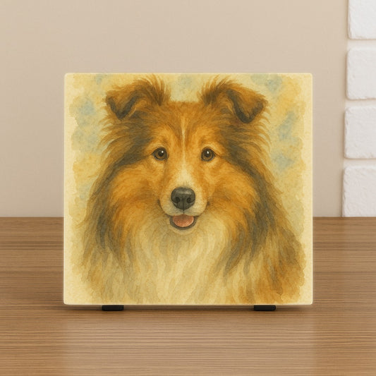 Keramische tegel met aquarel portret van een Sheltie hond.