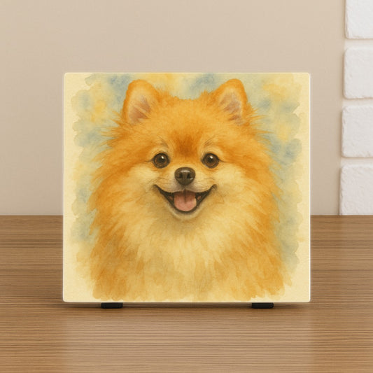 Keramische tegel met aquarel portret van een vrolijke Pomeriaan hond.