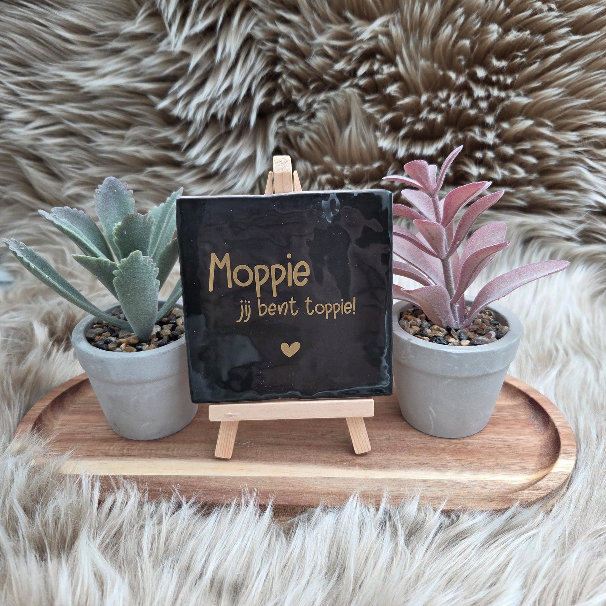 Zwart keramisch tegeltje met gouden tekst “Moppie jij bent toppie!” en hartje op houten standaard met twee plantjes – origineel cadeau of decoratie.