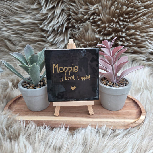 Zwart keramisch tegeltje met gouden tekst “Moppie jij bent toppie!” en hartje op houten standaard met twee plantjes – origineel cadeau of decoratie.