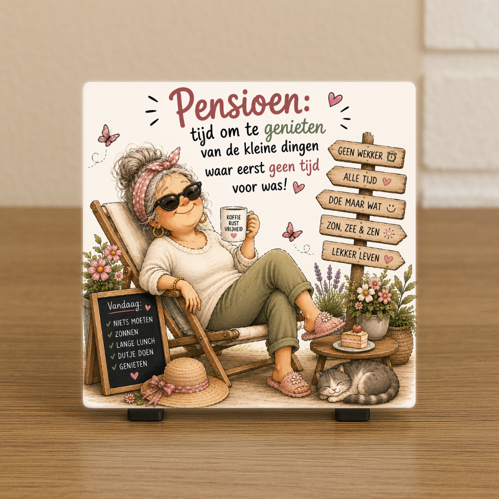 Spreuktegeltje “Pensioen: tijd om te genieten van de kleine dingen waar geen tijd voor was”