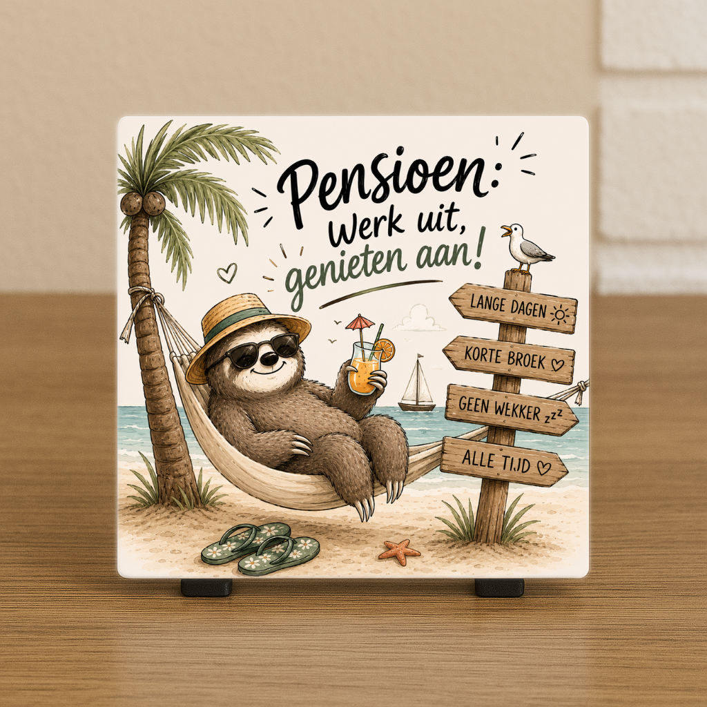 Spreuktegeltje “Pensioen: werk uit, genieten aan”