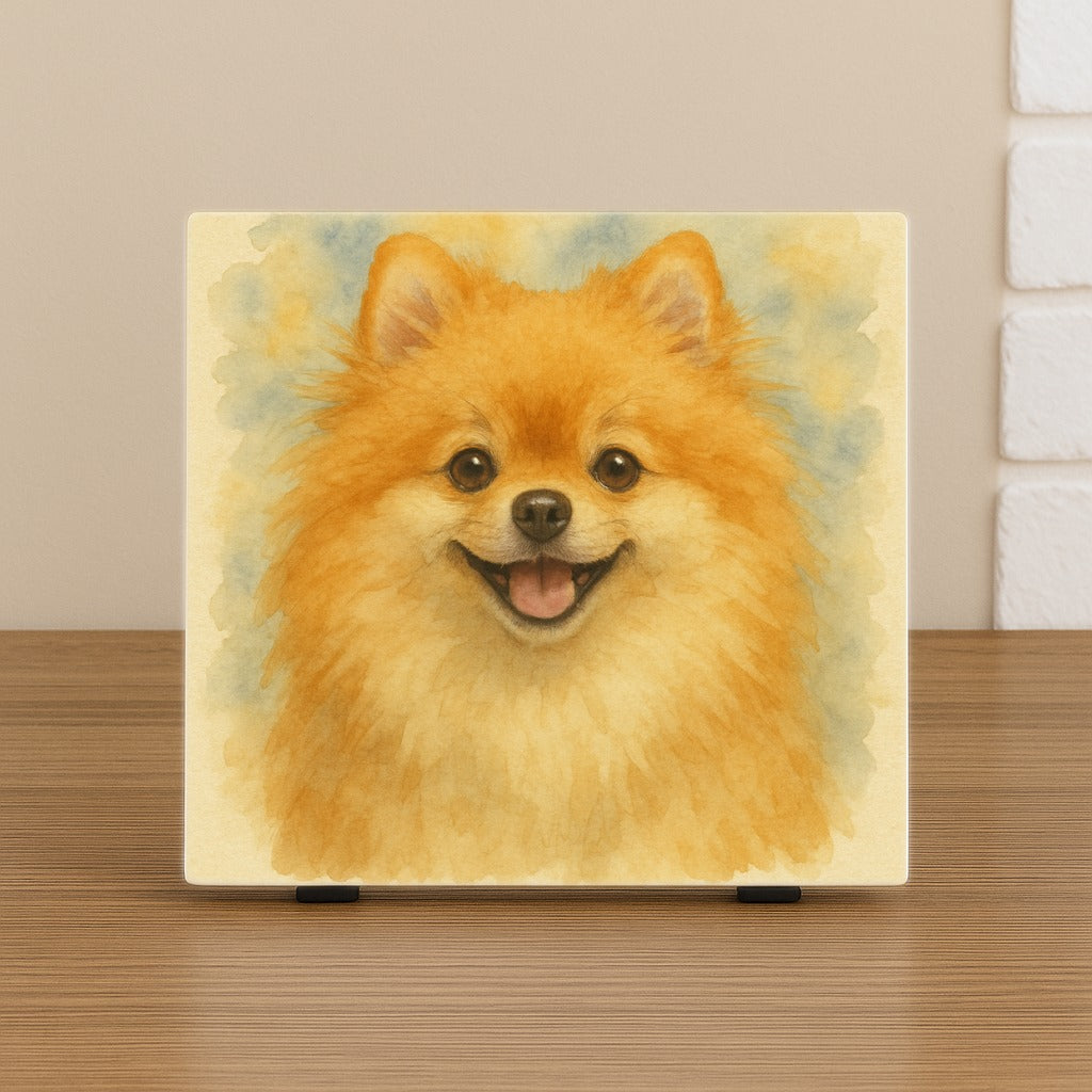 Keramische tegel met aquarel portret van een vrolijke Pomeriaan hond. Wenstegeltje, Spreuktegel, bedrukt, cadeau, kantoor, thuis, zomaar, trendy, gepersonaliseerd, Decoratie, Hondenportret