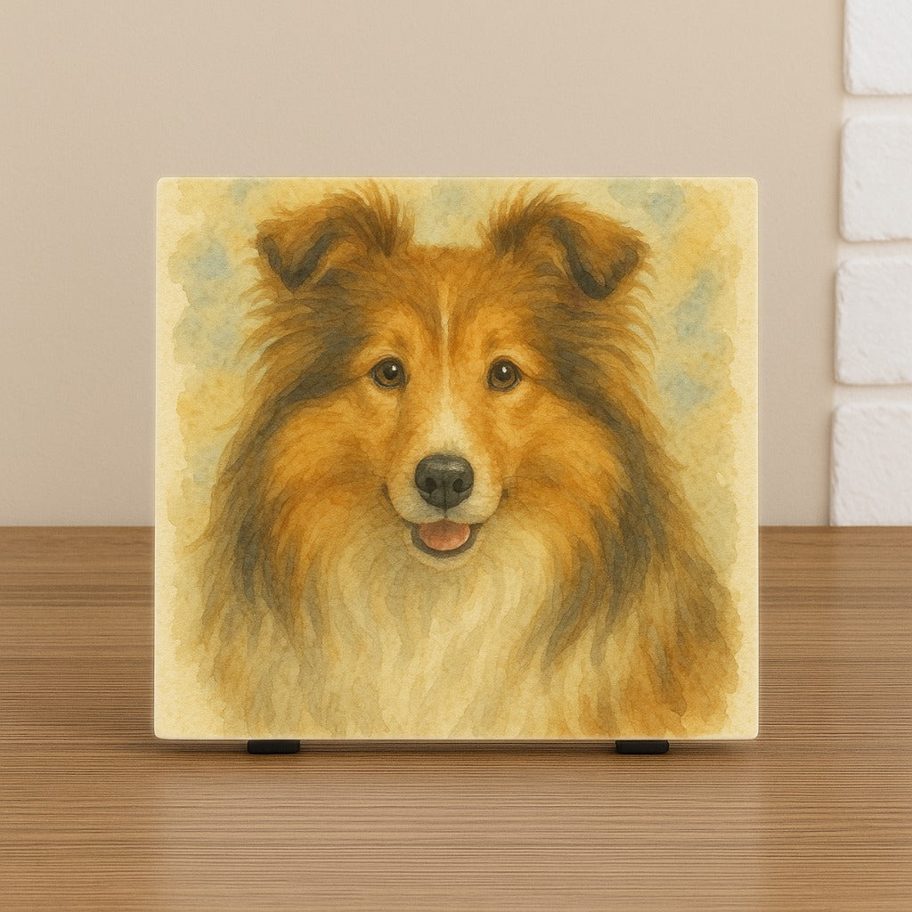 Keramische tegel met aquarel portret van een Sheltie hond. Wenstegeltje, Spreuktegel, bedrukt, cadeau, kantoor, thuis, zomaar, trendy, gepersonaliseerd, Decoratie, Hondenportret