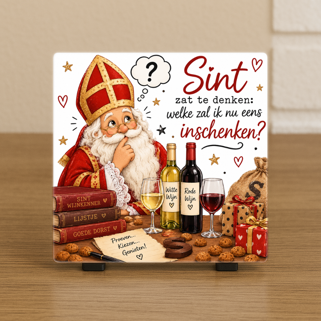 Spreuktegel: Sint zat te denken: welke zal ik nu eens inschenken?