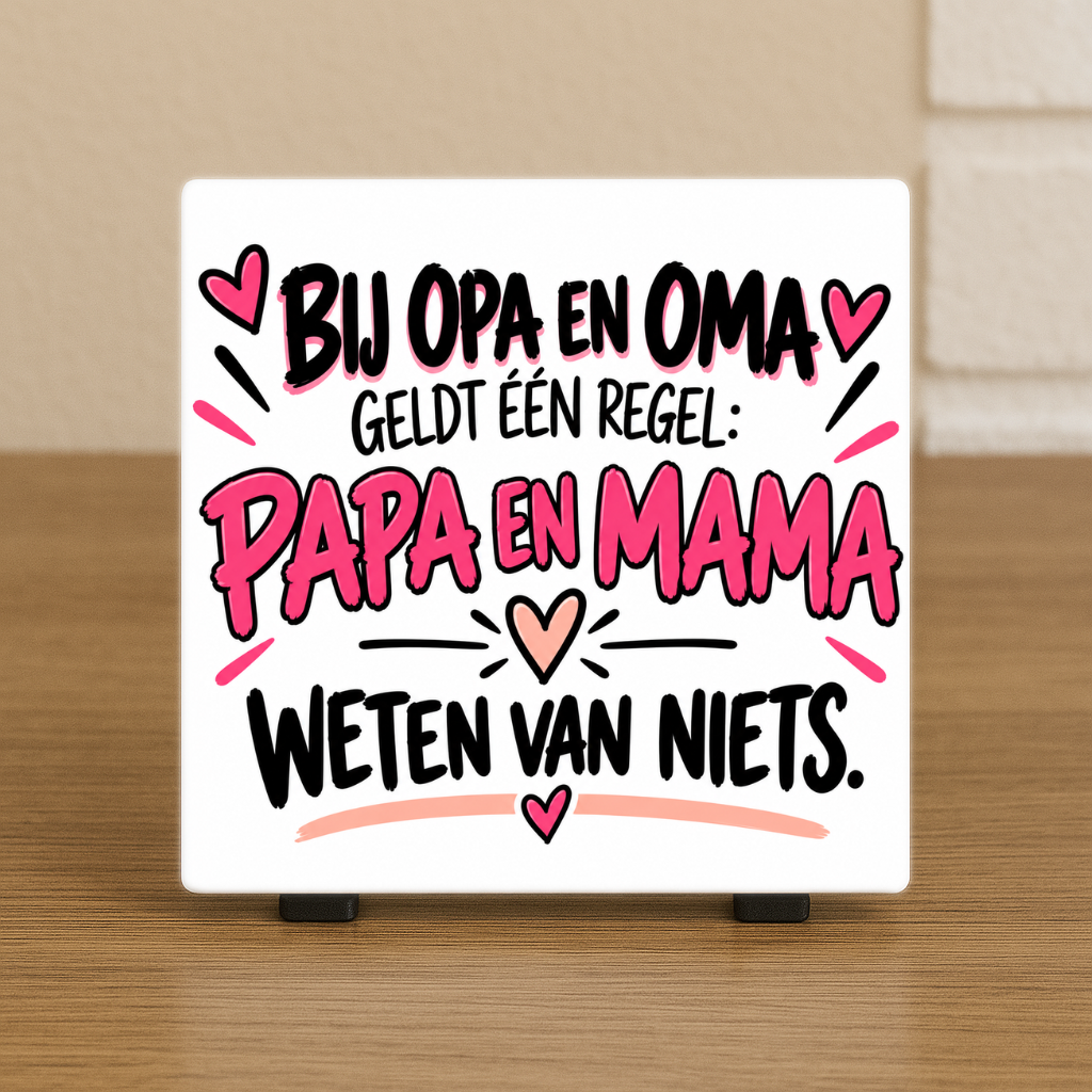 Spreuktegel: Bij opa en oma geldt één regel: Papa en mama weten van niets.