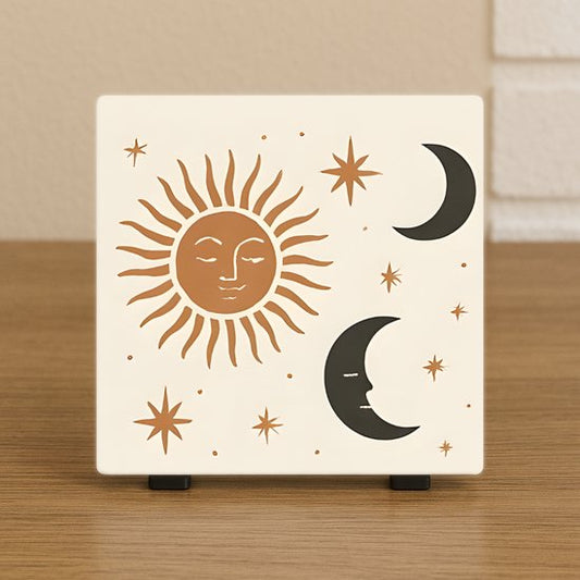 Decoratieve Tegel Zon Maan Sterren – Keramiek 10,5x10,5 cm – Boho Wanddecoratie
