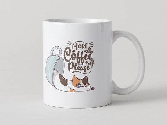 Koffiemok Kat – More Coffee Please – Keramische Mok 330ml – Leuke Katten Mok – Cadeau voor Koffieliefhebbers