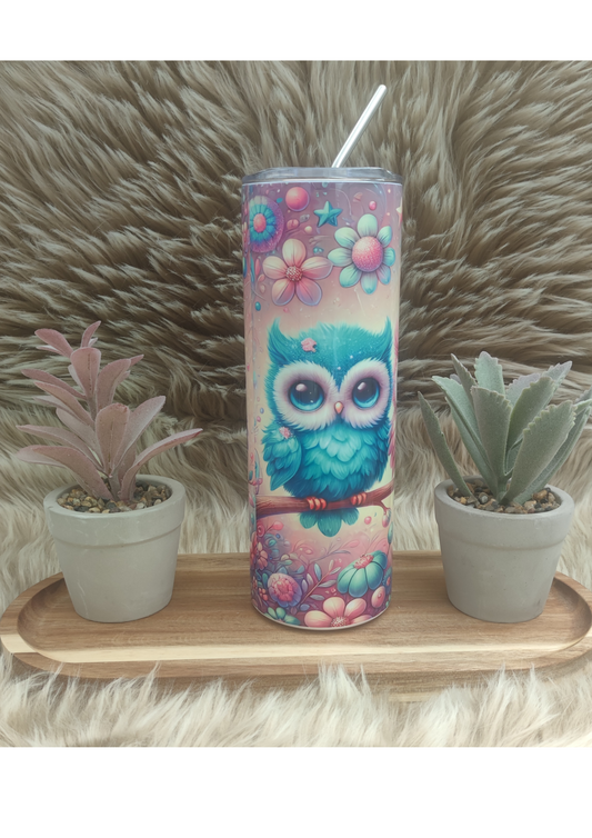 🦉 Tumbler met Anti-lekdop – Kleurrijke Uiltjes – Thermosbeker voor Warme en Koude Dranken – 600 ml – Vaatwasserbestendig – Ideaal voor Onderweg, School & Werk