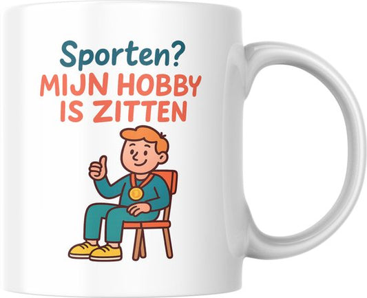 Mok 330ml – Sporten? Mijn hobby is zitten – Grappige koffiemok met quote – Dubbelzijdig bedrukt – Humor cadeau
