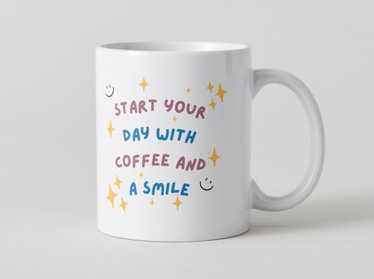 Koffiemok Start Your Day with Coffee and a Smile – Grappige Mok met Tekst – Keramische Koffiebeker 330ml – Leuke Cadeau Mok voor Koffieliefhebbers en Collega’s